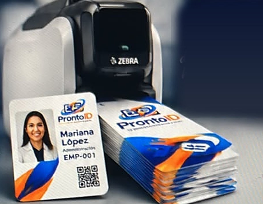 Impresora Zebra con credencial de empleado y lote de tarjetas PVC Pronto ID